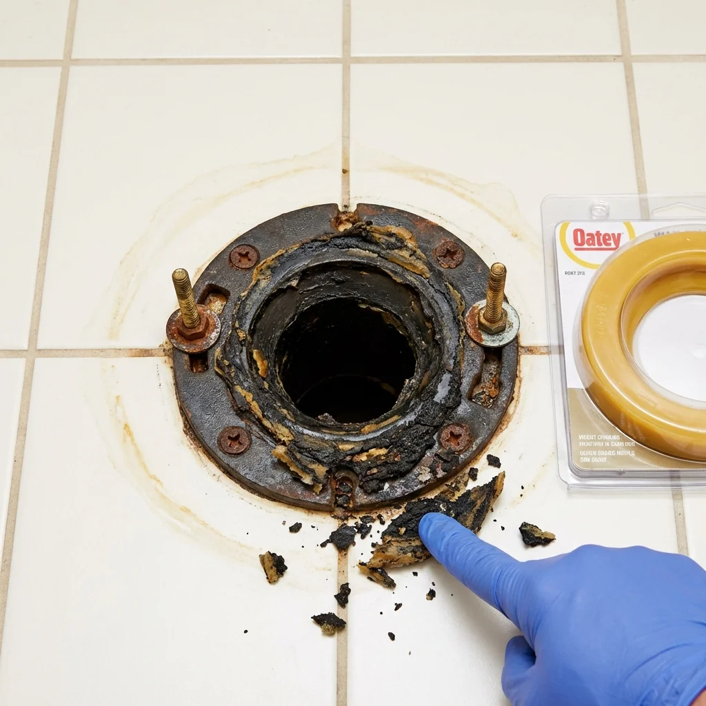 Failed wax ring showing water seepage at the base of a toilet in a Washburn, IL home