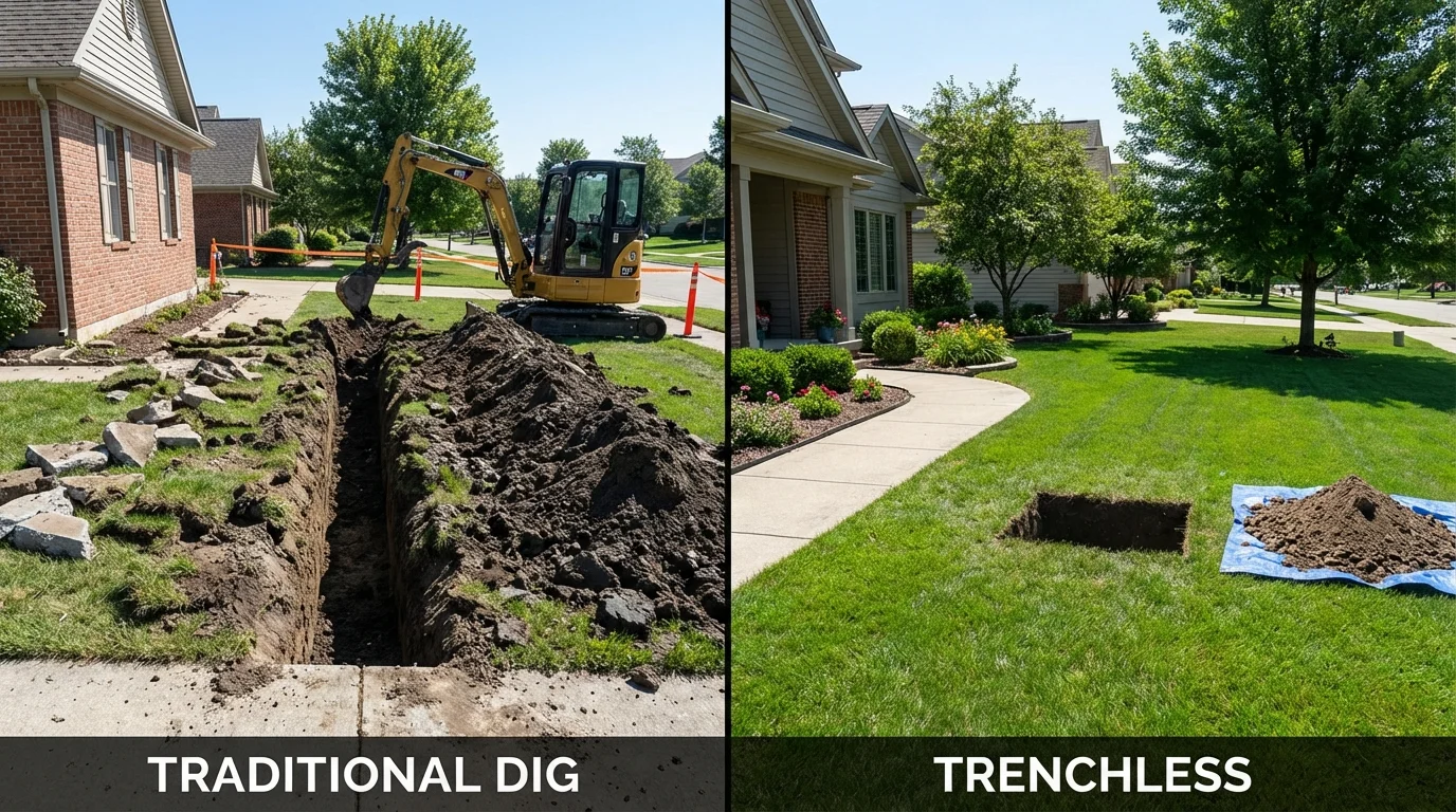 Trenchless sewer repair with minimal yard damage versus traditional excavation in Washburn, IL