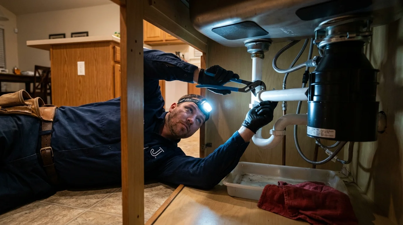 P-trap and supply line connections under a kitchen sink showing a common leak point in Washburn, IL